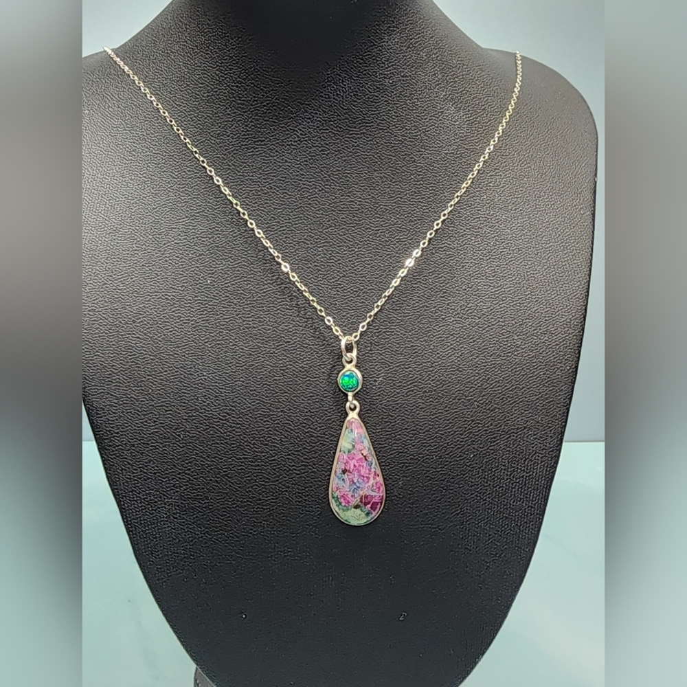 Vintage Opal, Ruby Zoisite, and Sterling Necklace - Picture 2 of 5